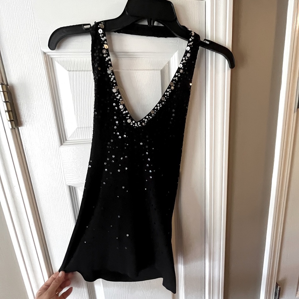 White House Black Market embellished halter sweater fancy sequins pearls top S